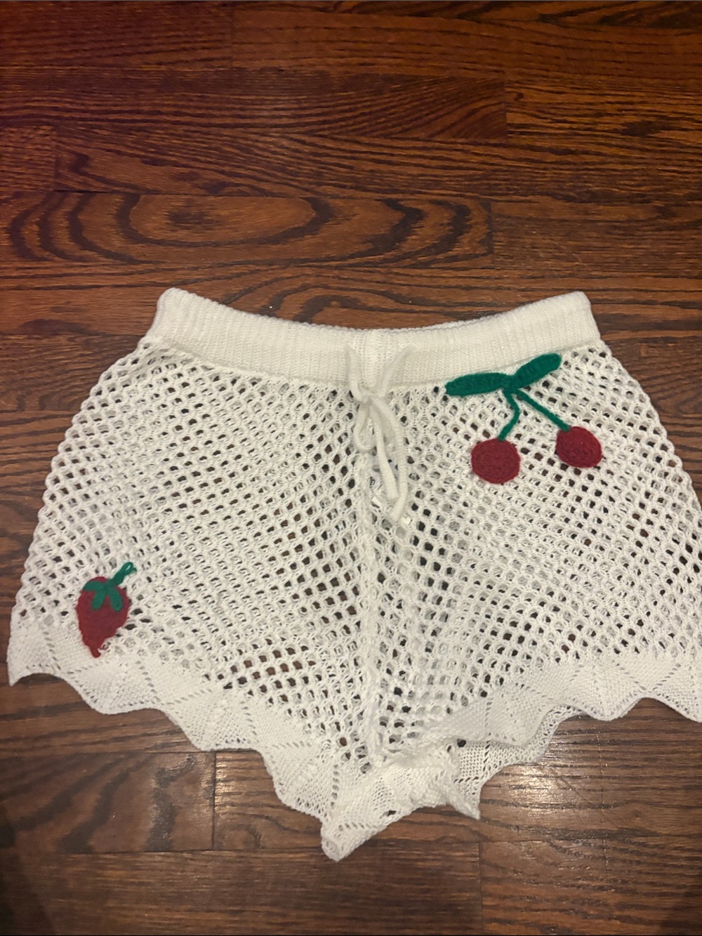 SHEIN White Crochet High-Waist Shorts with Red Cherry Appliqués